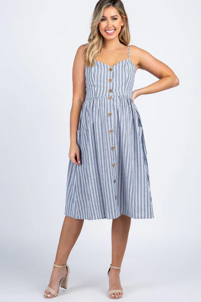 PinkBlush Navy Striped Sweetheart Button Front Maternity Dress