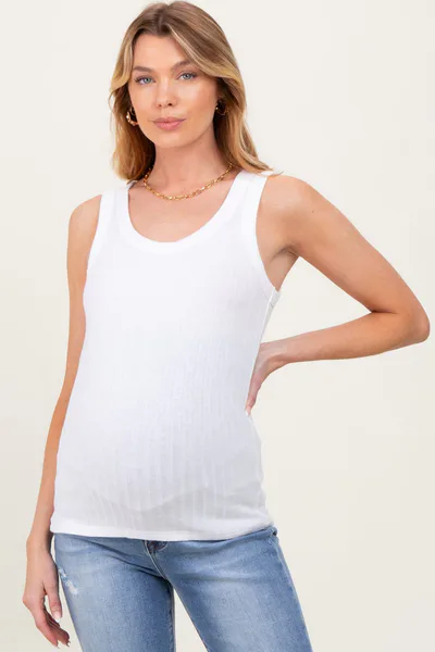 PinkBlush Ivory Melange Ribbed Fitted Maternity Tank Top