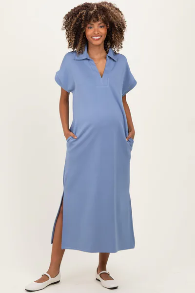 PinkBlush Dusty Blue Collared Short Sleeve Maternity Midi Dress