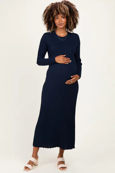PinkBlush Navy Ribbed Long Sleeve Maternity Sweater Midi Dress