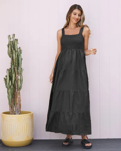Angel Maternity Lilliana Black Linen Maternity Maxi Dress - Shoulder Tie
