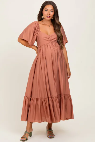 PinkBlush Rust Flutter Sleeve Ruffle Hem Maternity Midi Dress