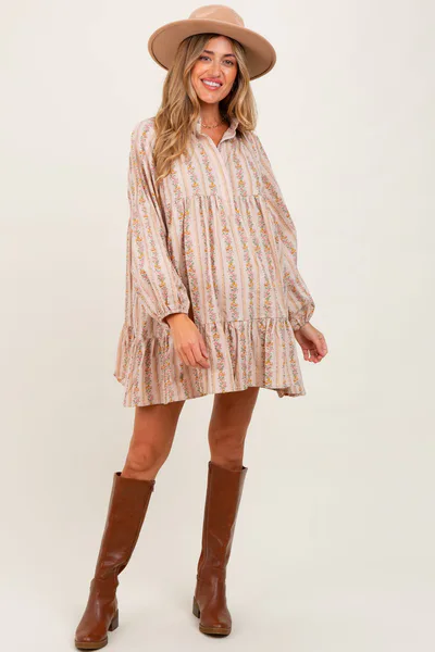 PinkBlush Tan Floral Print Shirring Half Buttoned Maternity Shirt Dress