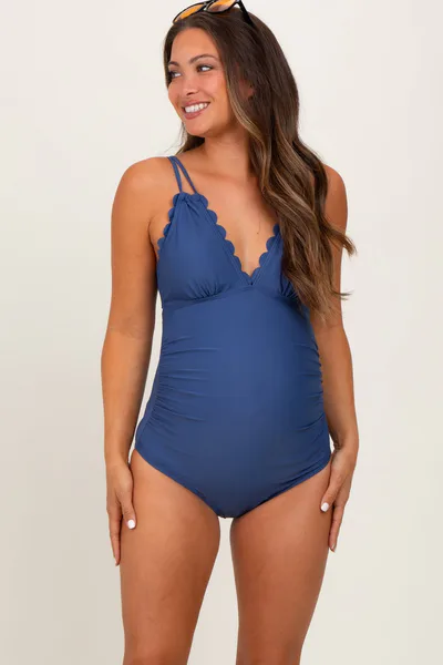 PinkBlush Blue Scalloped V-Neck Back Tie Cutout Maternity One Piece Swimsuit