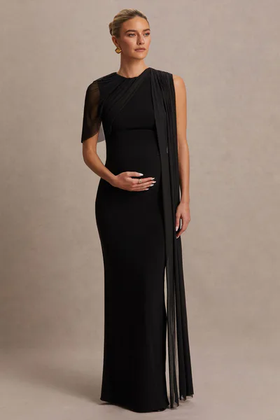 Club L London Amelise | Black High-Neck Maternity Maxi Dress With Mesh-Cape Sleeve And Sash Detail
