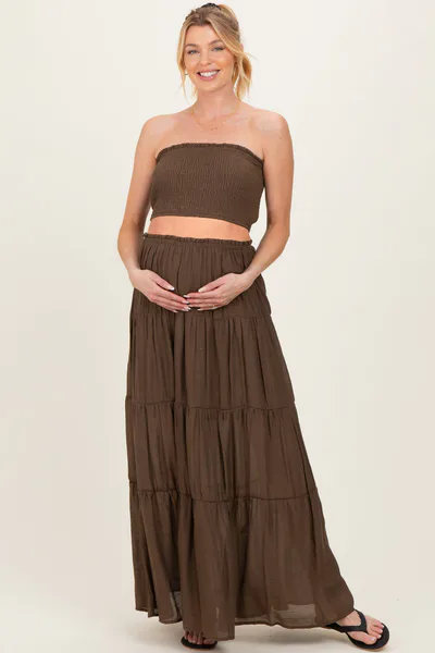 PinkBlush Chocolate Smocked Tube Top Tiered Skirt Maternity Set