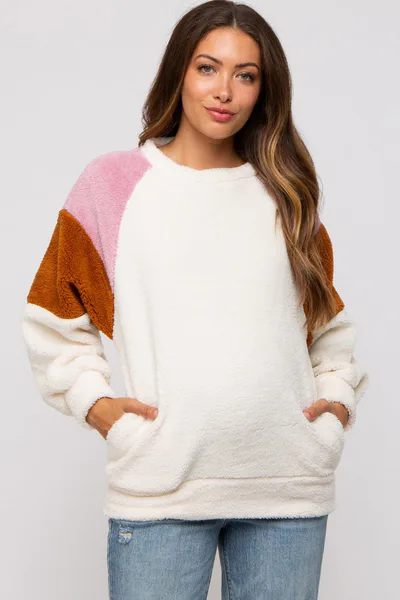 PinkBlush Ivory Colorblock Soft Fleece Pullover Maternity Sweater