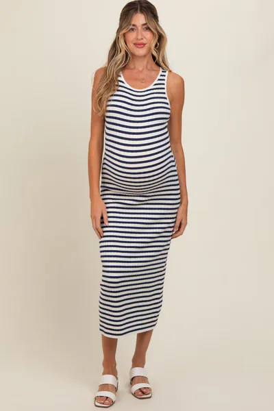 PinkBlush Navy Blue Sleeveless Round Neck Striped Rib Sweater Maternity Midi Dress