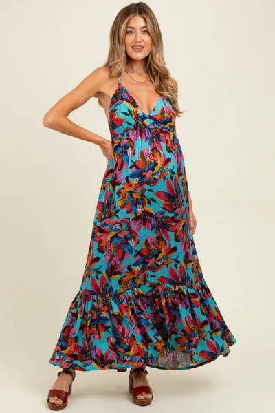 PinkBlush Multicolor Floral Deep V-Neck Halter Maternity Maxi Dress