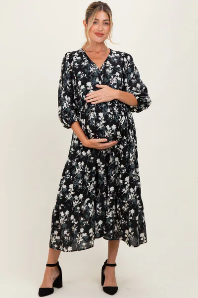 PinkBlush Black Floral Button Front V-Neck Maternity Midi Dress
