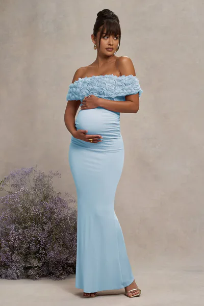 Club L London Inflorescence | Powder Blue Mesh Floral Bardot Maternity Maxi Dress