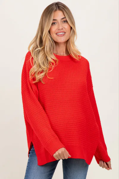 PinkBlush Red Waffle Knit Side Slit Maternity Sweater
