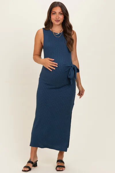 PinkBlush Midnight Jacquard Sleeveless Side Tie Maternity Midi Dress