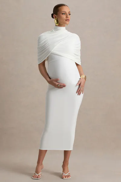 Club L London Augustina | White Maternity Midi Dress With Cape
