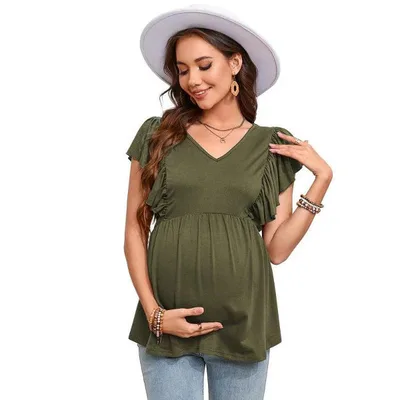 Target Coolmee Womens Maternity Summer Ruffle Short Sleeve Tops Shirts Casual V Neck High Waist Pregnancy Tunic Blouse Army Green XL