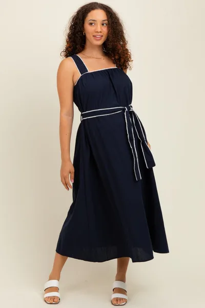 PinkBlush Navy Waist Strap Maternity Midi Dress