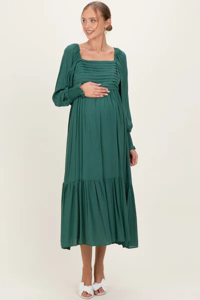 PinkBlush Forest Green Pleated Bodice Long Sleeve Maternity Maxi Dress