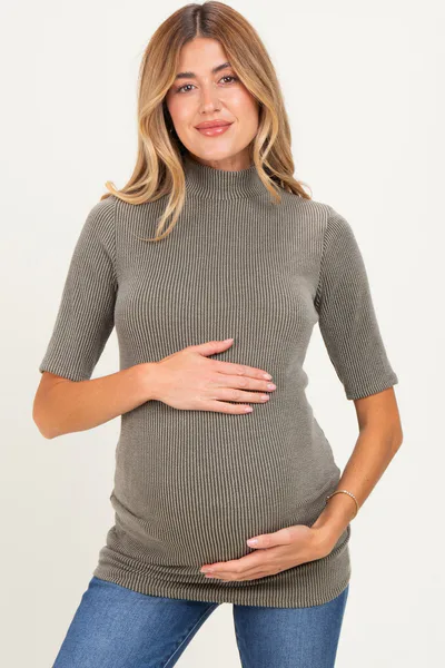 PinkBlush Olive Soft Brushed Knit Mock Neck Maternity Top