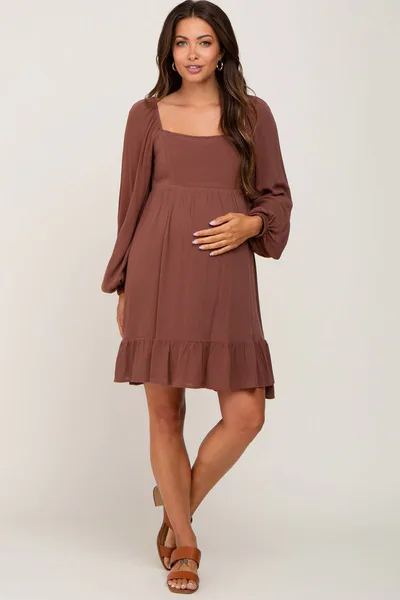 PinkBlush Brown Square Neck Puff Long Sleeve Maternity Dress