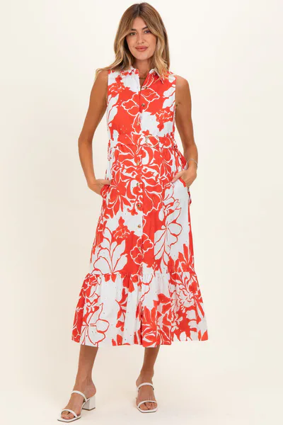 PinkBlush Red Floral Belted Sleeveless Maternity Shirt Dress