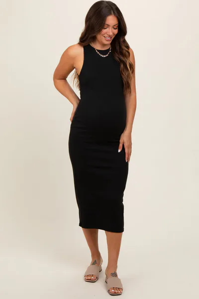 PinkBlush Black Sleeveless Ribbed Knit Maternity Midi Dress