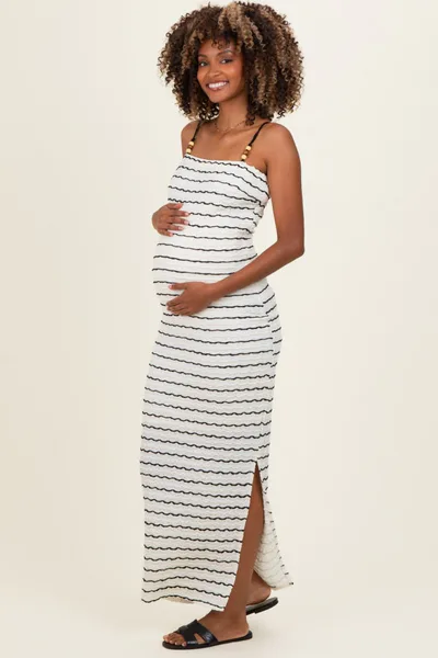 PinkBlush Off White Textured Stripe Beaded Strap Maternity Maxi Dress