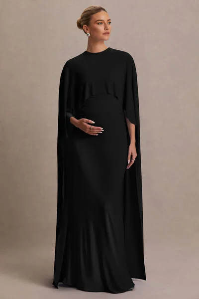 Club L London Padma | Black Draped Maternity Maxi Dress With Cape Sleeves