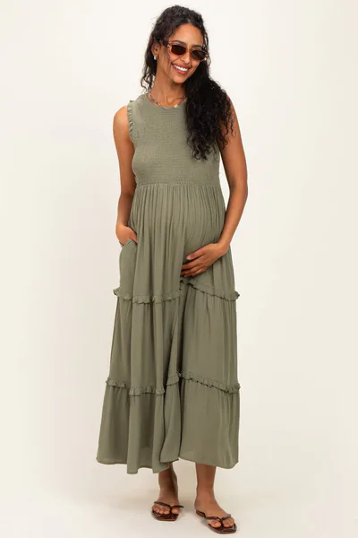 PinkBlush Olive Smocked Sleeveless Tiered Maternity Maxi Dress