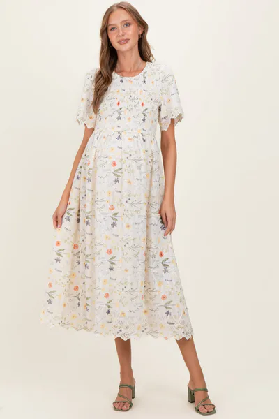 PinkBlush Beige Floral Button Down Collared Maternity Midi Dress