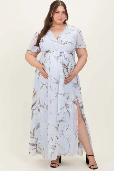 PinkBlush Light Blue Floral Chiffon Sash Tie Maternity Plus Maxi Dress