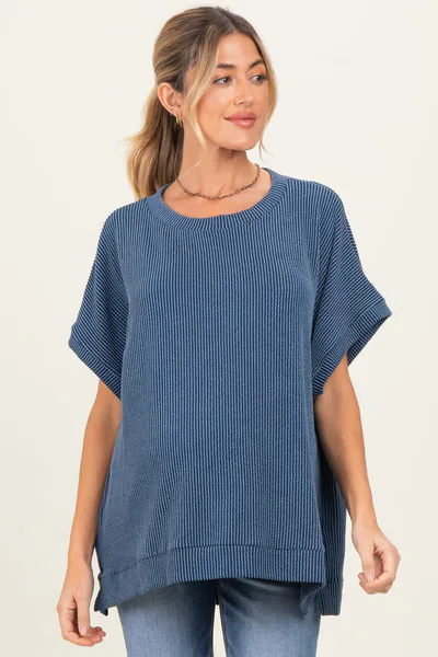 PinkBlush Blue Solid Ribbed Short Sleeve Oversized Maternity Tunic Top