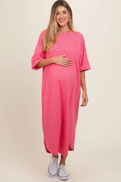 PinkBlush Fuchsia Striped Terry Maternity Maxi Dress