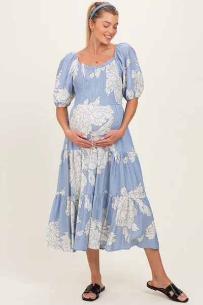PinkBlush Light Blue Floral Cutout Tie Back Maternity Midi Dress