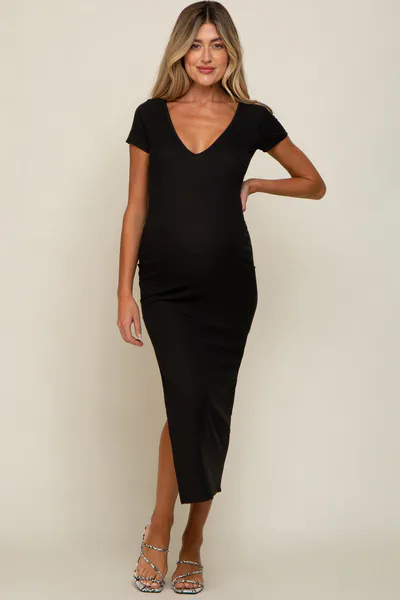 PinkBlush Black Basic Ribbed Side Slit Maternity Midi Dress