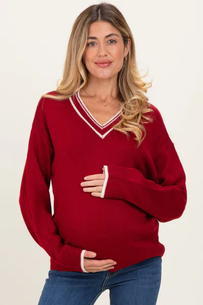 PinkBlush Burgundy Contrast Detail V-Neck Maternity Sweater
