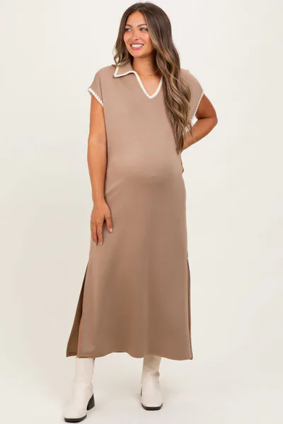 PinkBlush Mocha Collared Stitch Detail Short Sleeve Maternity Midi Dress