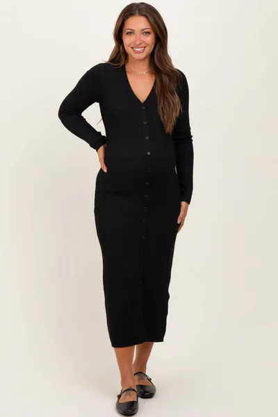 PinkBlush Black Ribbed Knit Button Down Long Sleeve Maternity Midi Dress