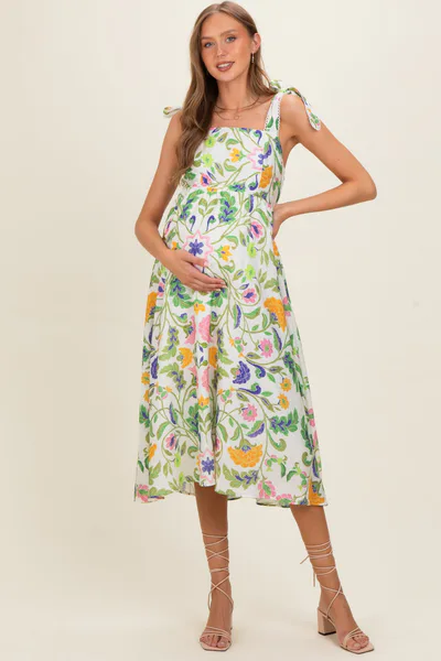 PinkBlush Lemongrass Floral Shoulder Tie Maternity Midi Dress