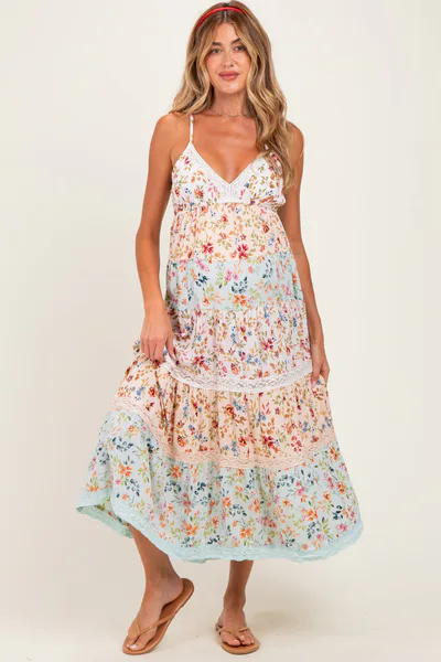 PinkBlush Multicolor Floral Colorblock Tiered Lace Trim Maternity Midi Dress