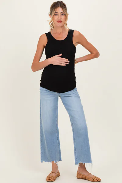 PinkBlush Light Blue Frayed Hem Crop Wide Leg Maternity Jeans