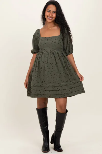 PinkBlush Olive Floral Corduroy Puff Sleeve Babydoll Mini Maternity Dress