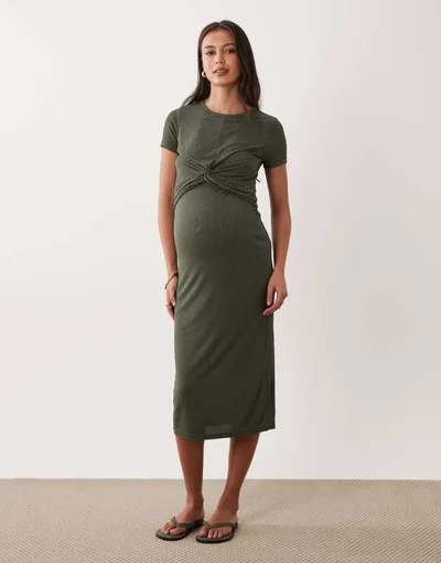 ASOS Mamalicious maternity short sleeve knot front midi dress with nursing function in dark khaki