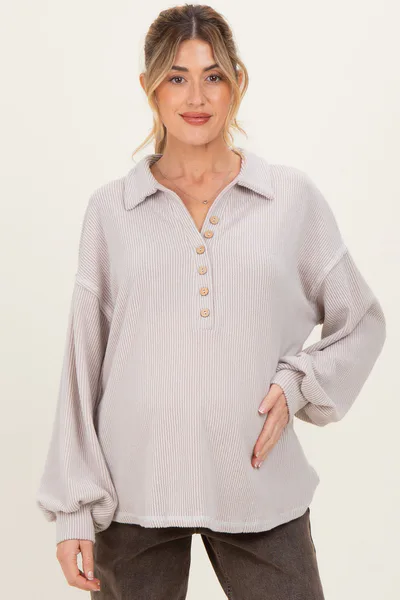 PinkBlush Oatmeal Solid Ribbed Long Sleeve Button Down Collared Maternity Top