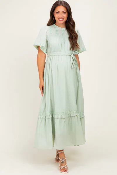 PinkBlush Sage Swiss Dot Flutter Sleeve Maternity Maxi Dress