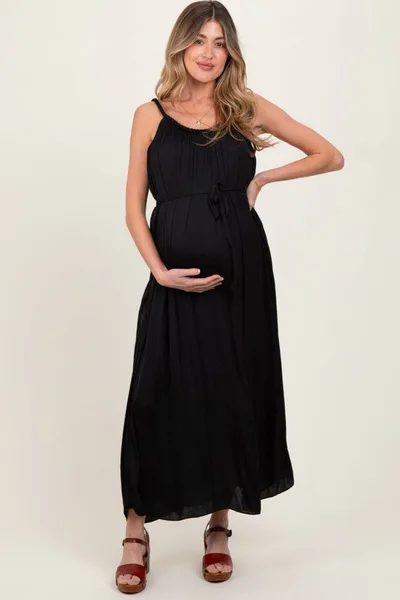 PinkBlush Black Braided Neckline Maternity Maxi Dress