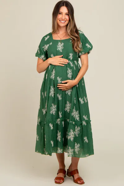 PinkBlush Green Floral Print Ruffle Hem Maternity Midi Dress