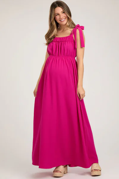 PinkBlush Fuchsia Square Neck Shoulder Tie Maternity Maxi Dress