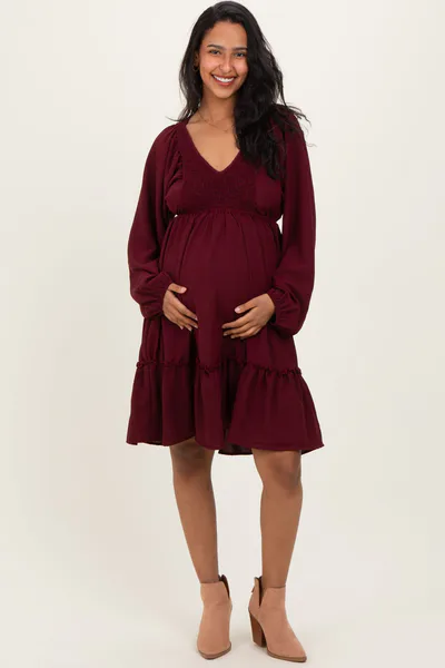 PinkBlush Burgundy Long Sleeve V-Neck Tiered Maternity Midi Dress