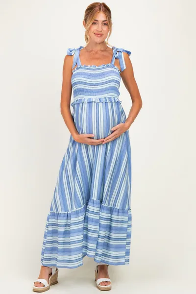 PinkBlush Blue Striped Smocked Shoulder Tie Maternity Midi Dress