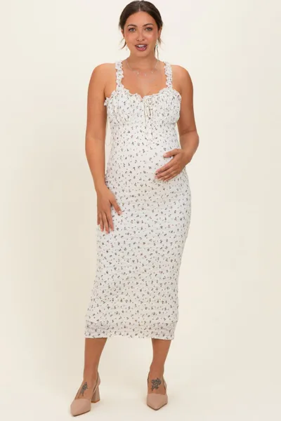PinkBlush Ivory Floral Ruffle Strap Maternity Midi Dress